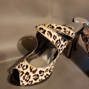 White/Black Calf hair Cheetah Strap Heels